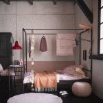 zwart hemelbed in roze meisjeskamer met roze vloerkleed plaids en poef