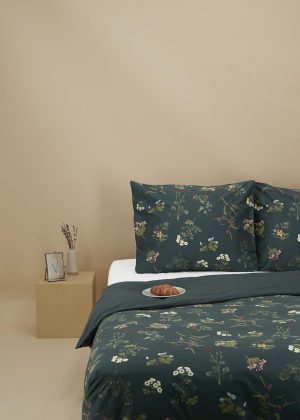 HEMA Dekbedovertrek Hotel Katoensatijn Bloemen Groen (groen)