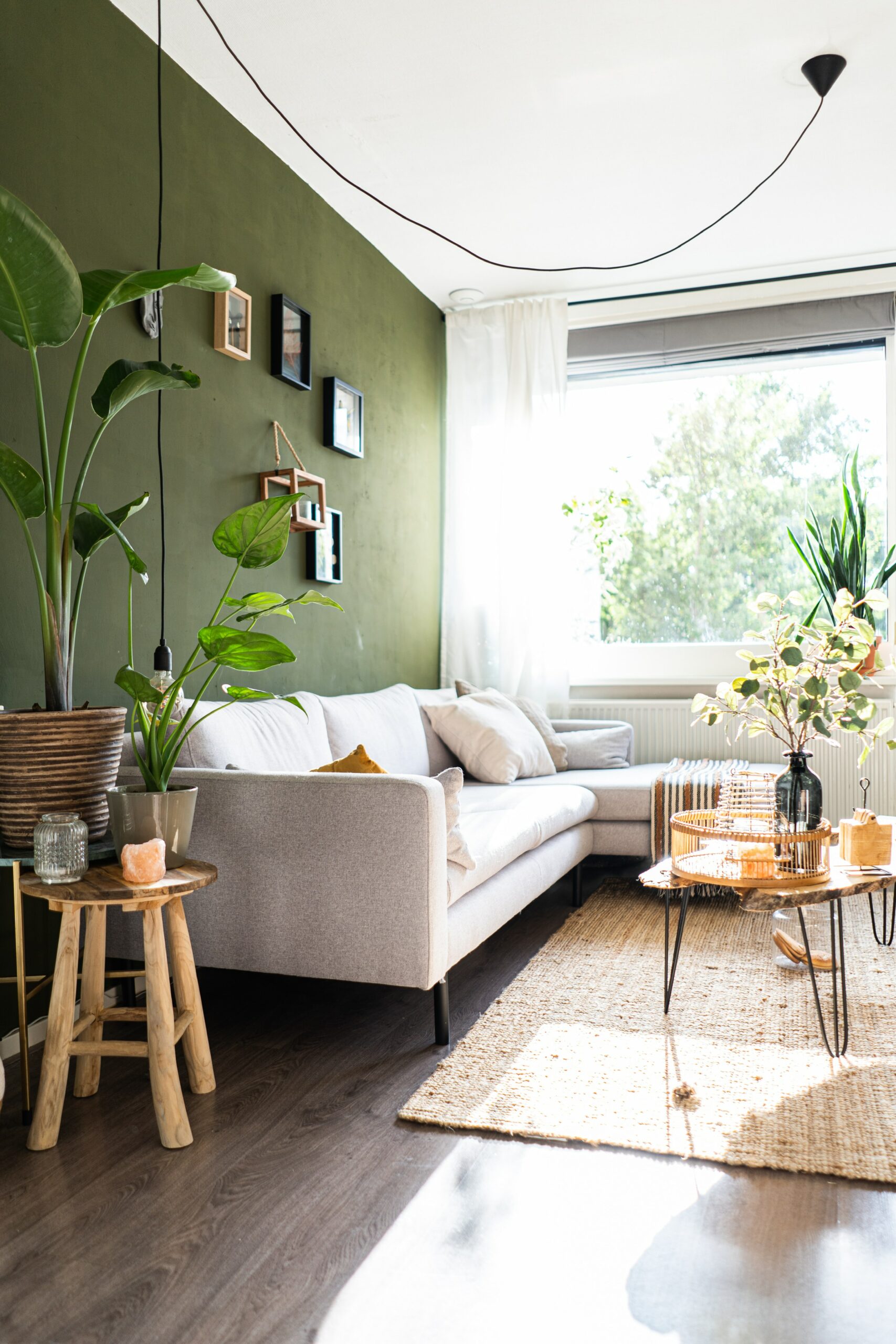 woonkamer met groene muur en licht bank